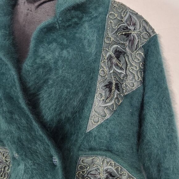 VNTG Belldini Dark Teal Angora Embellished Button Up Lined Sweater Jacket Sz Med - Picture 5 of 16